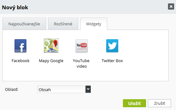 Facebook, Google mapy, Youtube a Twitter box